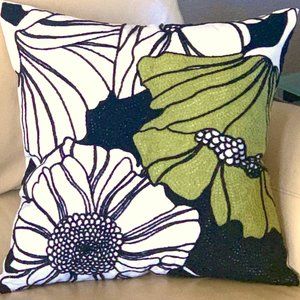 18" x 18" Green Black White Modern Lotus Floral Embroidered Throw Pillow Cover